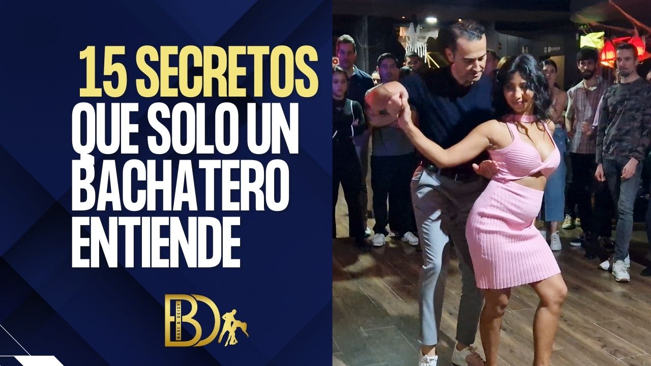 Pareja bailando bachata en social con público alrededor. Imagen de portada para el artículo 15 secretos que solo un bachatero entiende.
